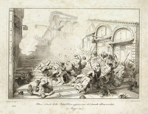 Etching by Giuseppe Gatteri: Patriarch Ulrich's ransom payment in a bull and twelve pigs arrives in Venice - 19th century