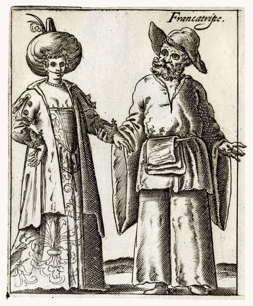 Francesco Bertelli: "Francatripe Maschere, with his Lover"
Il Carnevale Italiano Mascherato - etching (1642)
