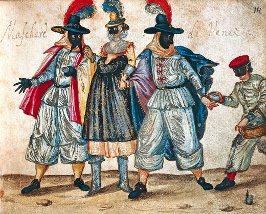 Unknown Artist: Venetian masked characters during Carnival - colored drawing (1614) - Codex Bottacin, Padova