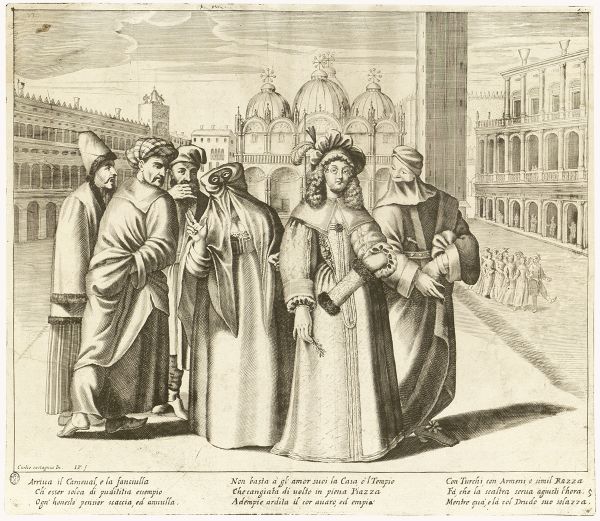 Curzio Castagna: "La Cortigiana in Piazza San Marco" (The Courtesan in Saint Mark's Square) - etching (1660-1665)