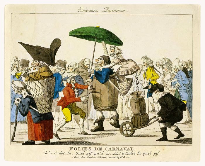 Anonymous artist: "Folies de Carnaval" colored engraving (18th - 19th century)