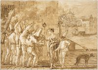Giandomenico Tiepolo: Punchinello's Farewell to Venice - Pen and brown ink with brown wash over charcoal on laid paper (1798-1802)