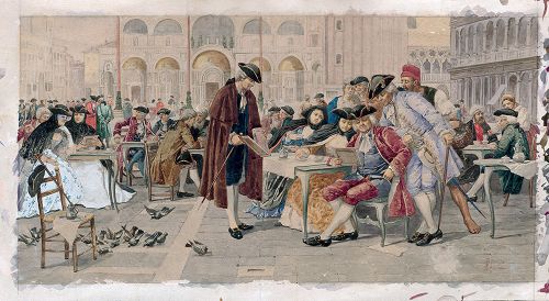 Albert Pierre Roberti (from a Giuseppe Bertini painting): "Francesco Guardi selling his paintings in Saint Mark's Square"<br>- watercolor (19th century)