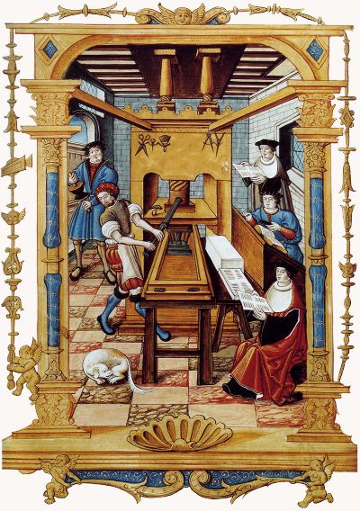 Etienne Collault: Operation of a printing press - from the Chants royaux sur la Conception, couronnés au Puy de Rouen de 1519 à 1528