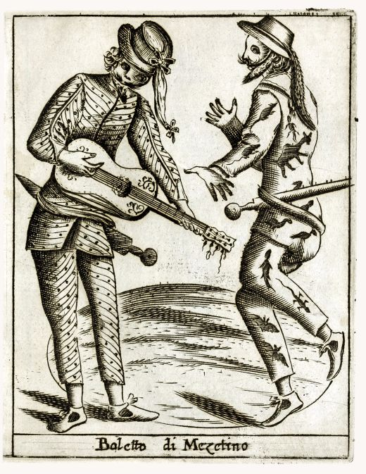 Francesco Bertelli: "Baletto di Mezetino" (Mezetino Dance) - Il Carnevale Italiano Mascherato - etching (1642)
