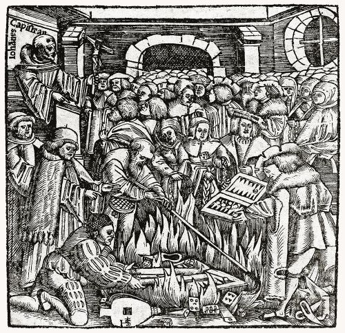 Hans Leonhard Schäufelein (possibly): 
"St. John of Capistrano denouncing frivolous possessions and activities, in preparation for a bonfire of vanities (Nuremberg 1452)